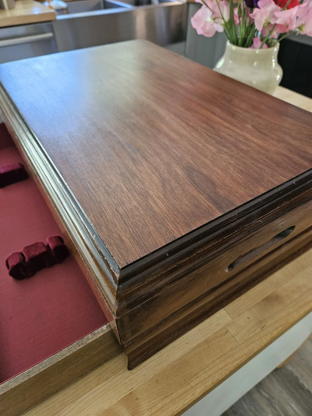 Vintage Wooden Silverware Box with Burgundy Velvet Interior